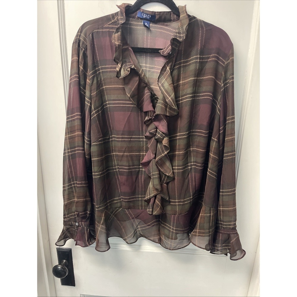 Chaps Dark Plaid Ruffle Front Sheer Button Blouse Size 2X